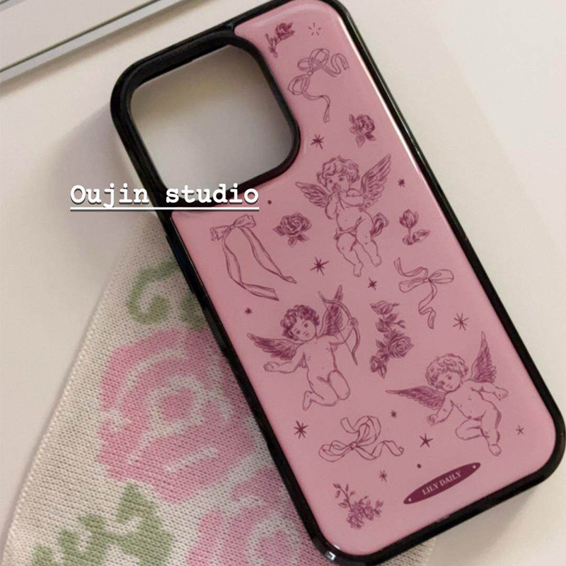 Back Cover Adhesive - Korean Ins Rose Pink Angel Ribbon